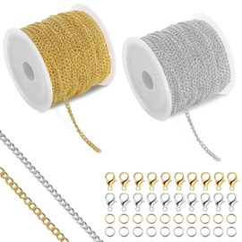 2 Pieces Gold Silver Chain for Jewellery Making,10m/11y Thin Chain,2.4mm Width DIY Bracelet Chain,Stainless Steel Chain,Necklace Making Kit with 60 Lobster Clasps and 120 Jump Rings,for DIY Crafts