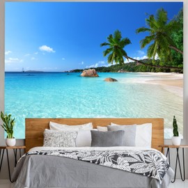 skcess Polyester Tapestry Ocean Beach Tapestry, 300 x 260 cm, Palm Tree Blue Sky Tapestry, Natural Table Curtain, Wall Decor, Wall Hanging for Living Room