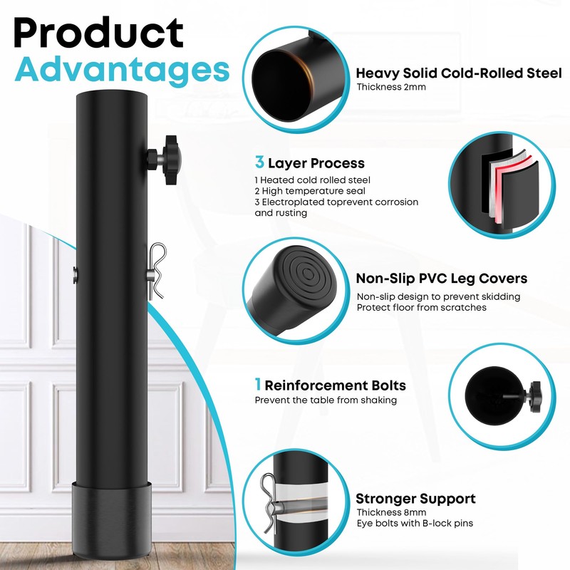 3-LEVEL Adjustable Table Leg Risers, Highly Durable Steel Folding Table