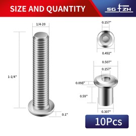 1/4-20 x 1-1/4" 10Pcs Flat Head Hex Socket Cap Screws Bolts Barrel Nuts Kit, 304 Stainless Steel 18-8, Full Thread by SG TZH (with Hex Spanner)