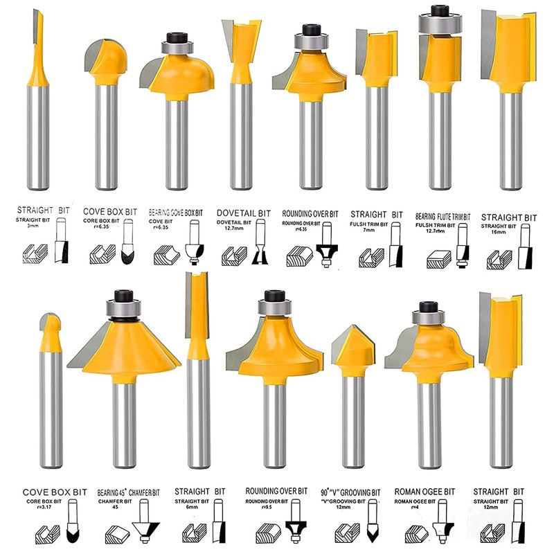 Flytuo 15 Pieces Router Bits Set 1/4 Inch Shank, Tungsten