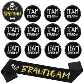 13 Pieces Groom Button Sash Set, Groom Satin Sash with 1 Groom Badge and 11 Team Groom Button Badge, Groom Sash Badge Set, Bachelor Party Accessory, black