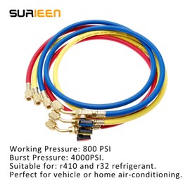 Refrigerant Charging Hose with Ball Valves for R410A R134A R12 R22 R502 R404 Refrigerant Charging Hoses HVAC, 1/4'' SAE HVAC Manifold Hose Set 800 PSI Red/Yellow/Blue (3pcs)