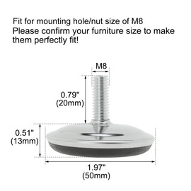 Sourcingmap M8 x 20 x 50mm Screw on Furniture Glide Leveling Feet Adjustable Leveler Pad for Industrial Machine Cabinet Chair Leg 4 Pack