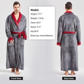 FashGudim Mens Robes Big and Tall Full Length Plush Fleece Long Robe for Men Bathrobe Shawl Collar Warm Winter House Robes, Grey/Red, X-Large-XX-Large Big Tall