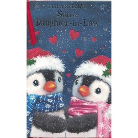 Christmas Card for Son & Daughter-in-Law, Cute Festive Penguins Design, 23 x 15 cm