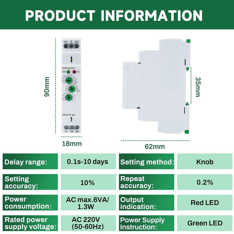 DEWIN Time Relay, DIN Rail 230 V, GRT8-M1 Multifunctional Time
