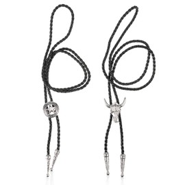 KAIOWPEIC 2 Pcs Fashion Bolo Tie, Handmade Cowboy Leather Necktie, Western Cowboy Vintage Bolo tie, Rodeo Theme Ranger Star & Cow Skull Tie Necktie for Men Women Costume