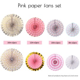 Bestage 8 Pcs Decoration Hanging Party Gold Pink Paper Fans Set for Birthday Wedding Graduation Events Accessories