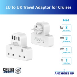 P&O, Marella, MSC Cruise Approved 7-in-1 Travel Adapter UK to EU - Non Surge for Cruise Ships - 4 USB Ports and Night Light - Works on P&O, Marella, Carnival, Princess, Norwegian, MSC & More