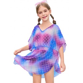 Haloumoning Girls Chiffon Swim Beach Cover Up Kids Cute Elastic Waist Printed Bathing Suit Coverups 5-14 Years
