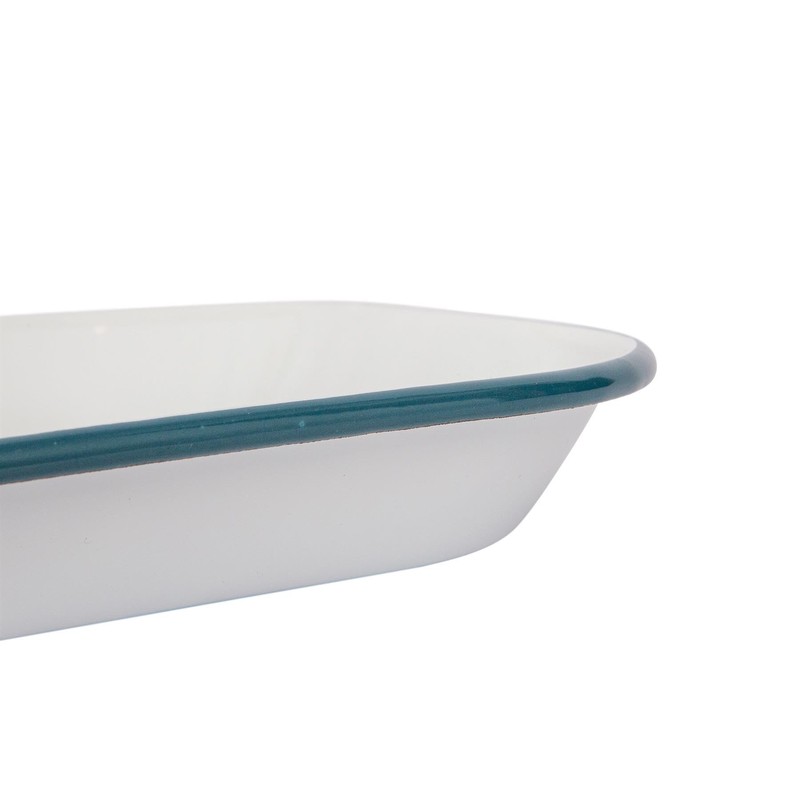 1x Green 34cm x 26cm White Rectangle Enamel Baking Tray