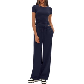 Darong Women's 2 Piece Lounge Set Fashion Travel Outfits Airport Tracksuit Comfy Wide Leg Loungewear 9087B Dark Blue M
