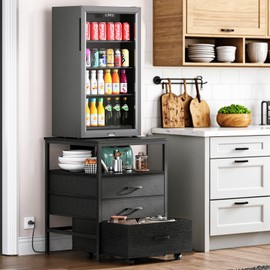 Herture Mini Fridge Stand with Storage, Ergonomic 4-Tier Organizer Mini Fridge Table with Power Outlet and Rolling Cabinet, Heavy-Duty Refrigerator Stand for Home and Office, Black HB02BXB