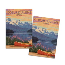 Coeur d'Alene, Idaho, Lake Scene and Canoe (4x6 Birch Wood Postcards, 2-Pack Stationary, Rustic Home Wall Decor)