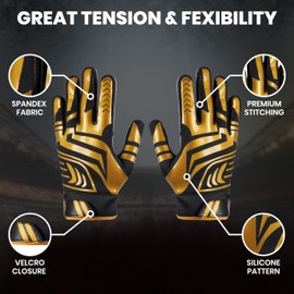 LYRX Professional Football Receiver Gloves with Optimal Silicone Palm Non-Slip Grip Control Ultra-Stick Sports Lightweight Glove and Precision Fit (Black-Gold Shine, Youth L (6.5"))