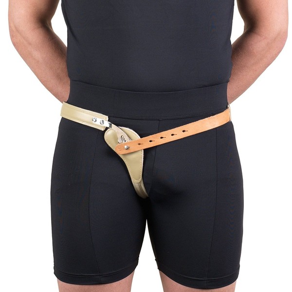 Hernia Truss, Single Spring, Scrotal Pad Compression, Leather, 36 inch Hip (Right)