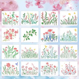 Stencil Sheets Set of 16 Flower Template Grass Template Leaf Planner Template Cute Painting Stencil Stencil Plate Drawing Stencil Plate Drawing Stencil Plate Message Journal Card DIY Painting Drawing