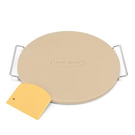 Unicook 12 Inch Round Pizza Stone for Oven and Grill, Oven Baking Stone for Bread, Cordierite Pizza Pan for Baking Crispy Pizzas, Bread and Cookies, Includes Carry Rack and Pizza Dough Scraper