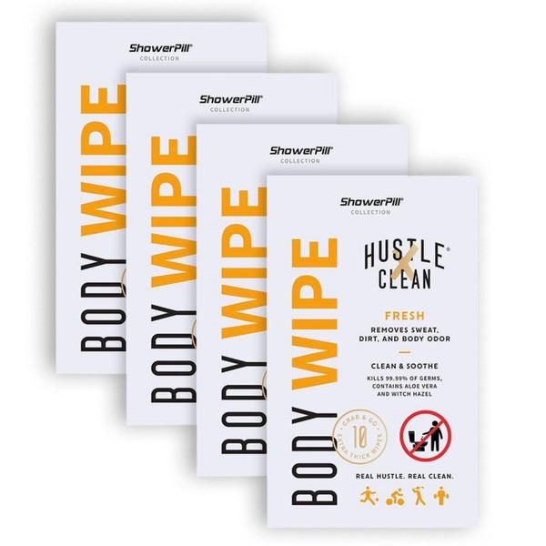Hustle Clean Body Wipes 9''x8'', Disposable Bathing Wipes For Adults, No Rinse, With Aloe Vera & Vitamin E, Fresh Scent, 40 Individually Wrapped Wipes