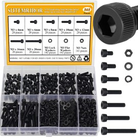 Sutemribor M3 Screw Nut Washer Set Black 565pcs M3 x 4/6/8/10/12/16/20mm Hex Head Cap Screws Nuts Washers Assortment Kit 12.9 Grade Alloy Steel with Full Thread
