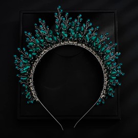 Teyglen Vintage Wedding Rhinestones Tiara Headband Bridal Crystal Hair Crown Handmade Hair Pieces Headpieces for Women Brides Prom Pageant Birthday Party (Malachite Green)