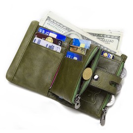 Real Leather RFID Blocking Bifold Wallets for Men Double Zipper Coin Pocket Purse with Anti-Theft Chain (Dark Green)