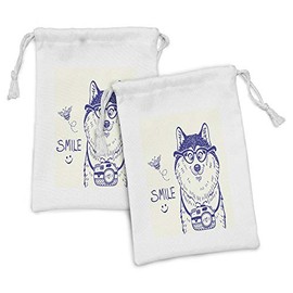 Ambesonne Alaskan Malamute Fabric Pouch Set of 2, Cartoon Style Smart Puppy with Glasses Photo Camera and Bee Smile Doodle, Small Drawstring Bag for Toiletries Masks and Favors, 9" x 6", Blue White