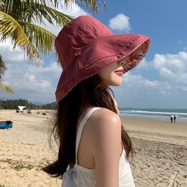 Saliwind hat01 Women's Sunscreen UV Protection, Reversible Hat, Sun Shade Hat, Summer, Drawstring Included, Cotton, Wide Brim, Small Face Effect, 22.0 - 22.8 inches (56 - 58 cm), For Traveling,