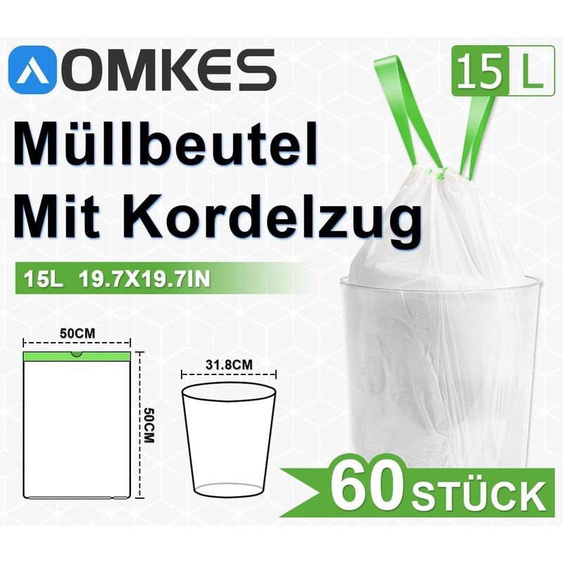 AOMKES Bin Liners 15 L with Drawstring White Bin Bags
