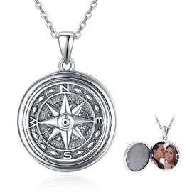 KINGWHYTE Compass Locket Necklace That Holds Pictures 925 Sterling Silver Compass Photo Necklaces Memory Pendant Anniversary Jewellery Gifts for Women Men - 18" + 2" Silver Chain