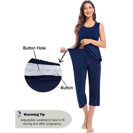 SWOMOG Women's Nursing Pajamas Set with Pockets Maternity Nightwear 3 in 1 Sleeveless Soft Pregnancy Breastfeeding Pj Set Navy Blue