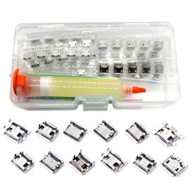 ProCircFix 60-Piece Set of 12 Types of Micro USB Female connectors, Including Soldering Flux, 5-pin sockets, USB Replacement adapters for Mobile Phone/Welding Maintenance.