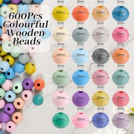 I LOVE MOM Wooden Beads for Threading 600 Pieces Round Wooden Beads Colourful, Mother of Pearl and Matte Wood Balls 10 mm, Wooden Balls with Hole Wooden Beads Children for DIY Jewellery Making