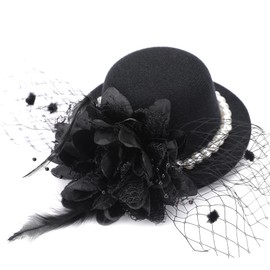 Zinniday Small Tea Party Hat - Black Veil Elegant Kentucky Derby Hat with Clip 1920s 50s Victoria Feather Fascinators Women Tea Party Pillbox Hat with Flower and Feather for Women Ladies Girls