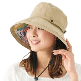 California Shore 424840 Women's Marine Hat, Solid Color x Leaf Pattern, Wide Brim with Chin Strap, Adjustable Size, beige, Free size