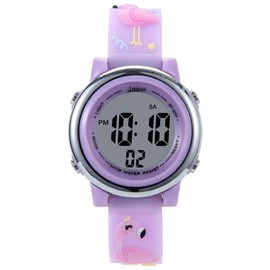 Jianxiang Kids Digital Sport Watches for Girls Boys, Waterproof Outdoor LED Timer with 7 Colors Backlight 3D Cartoon Silicone Band Child Wristwatch (Light Purple Flamingo), (Jx-KidW)