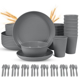 LAERJIN 56 Piece Wheat Straw Dinnerware Sets,Unbreakable Reusable Dinnerware Set,Dishwasher & Microwave Safe Plates and Bowls Sets, for Apartment Essentials, Outdoor Camping, Gray