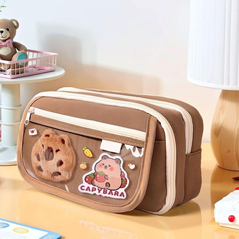 Capybara Large Capacity Pencil Case with Sticky Notes Stickers Pendants