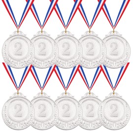 Swpeet 10 Pcs Winner Medals Silver Award Medals, 2nd Award Medals with Neck Ribbon, Olympic Style Medals Prizes for Competitions, Party Decorations, Spelling Bees and Awards