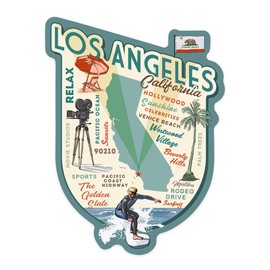Die Cut Sticker Los Angeles, California, Typography and Icons, Contour Vinyl Sticker 1 to 3 inches (Waterproof Decal for Cars, Water Bottles, Laptops, Coolers), Small