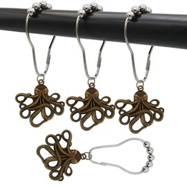 brandname Decorative Octopus Shower Curtain Hooks for Bathroom - Rust Proof Stainless Steel Nickel Curtain Rings Set of 12 with Funny Octopus Creature Sea Theme Bathroom Decor Accessories (Bronze)