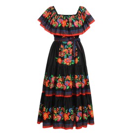 Women Mexican Dress Off Shoulder Floral Long Maxi Dress Cinco de Mayo Dress Floral Embroidered Black Mexican Style Dress Traditional Fiesta Dress Summer Beach Holiday Party Dress with Belt Black 2XL