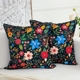 HZYKDWD Set of 2 Floral Pattern 50 x 50 cm Boho Floral Vintage Decorative Pillow Covers 50 x 50 cm Double Sided Printed for Home Sofa Living Room Bedroom Black