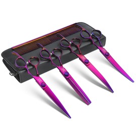 JASON Dog Grooming Scissors Set - Professional 6 in 1 Dog Shears Kit - 6.5" Thinning, 7" Straight, 7" Up-Curved, 7" Down-curved Scissors and Comb for Dog Cat Pet with Adjustable Screw (Purple)