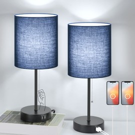 Table Lamps Set of 2 with USB Charging Ports, Blue Bedside Lamps with AC Outlet, Nightstand Lamps with Pull Chain Switch, Minimalist Modern Desk Lamps with Fabric Shade for Living Room Bedroom Office