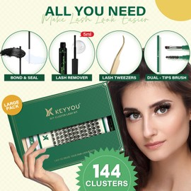 KEYYOU DIY Wimpern Extensions Set 144pcs Lash Extension Set D Curl 8-16Mix Wimpern Cluster with Super Hold Wimpern Bindung und Dichtung wimpernbürste Wimpernentferner and Wimpern-Applikator（Y01KIT）