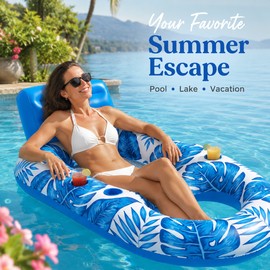 Inflatable Pool Lounger for Adults – Cooling Mesh Floating Chair with Backrest, Footrest and 2 Cup Holders