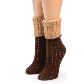 WARRIOR ALPACA SOCKS - Women's Reversible Hand Knit 100% Alpaca Wool Socks - Crew Height (Large, Camel/Dark Brown)