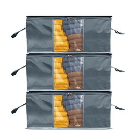 Garment Guardians 35L Clothes Storage Bag Underbed Wardrobe Foldable Storage Boxes with Lids | Storage Organiser | Breathable Fabric | Clear Window for Blankets, Bedding, Clothing,Pack of 3 (Grey)